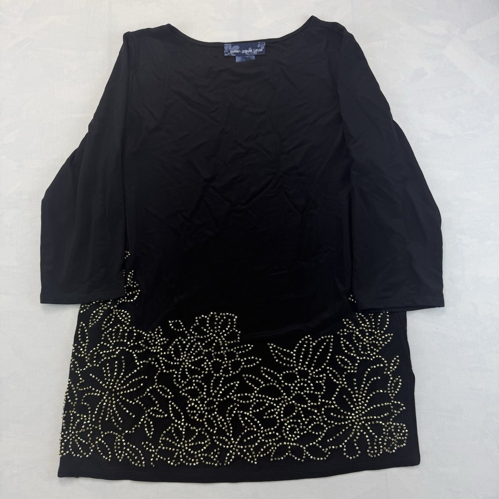 Susan Graver Style Black Tunic Top M Gold Studded Floral 3/4 Sleeve Made USA